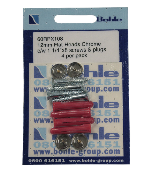 Flat heads, chrome, 1 1/4"x 8 screws, wall plugs